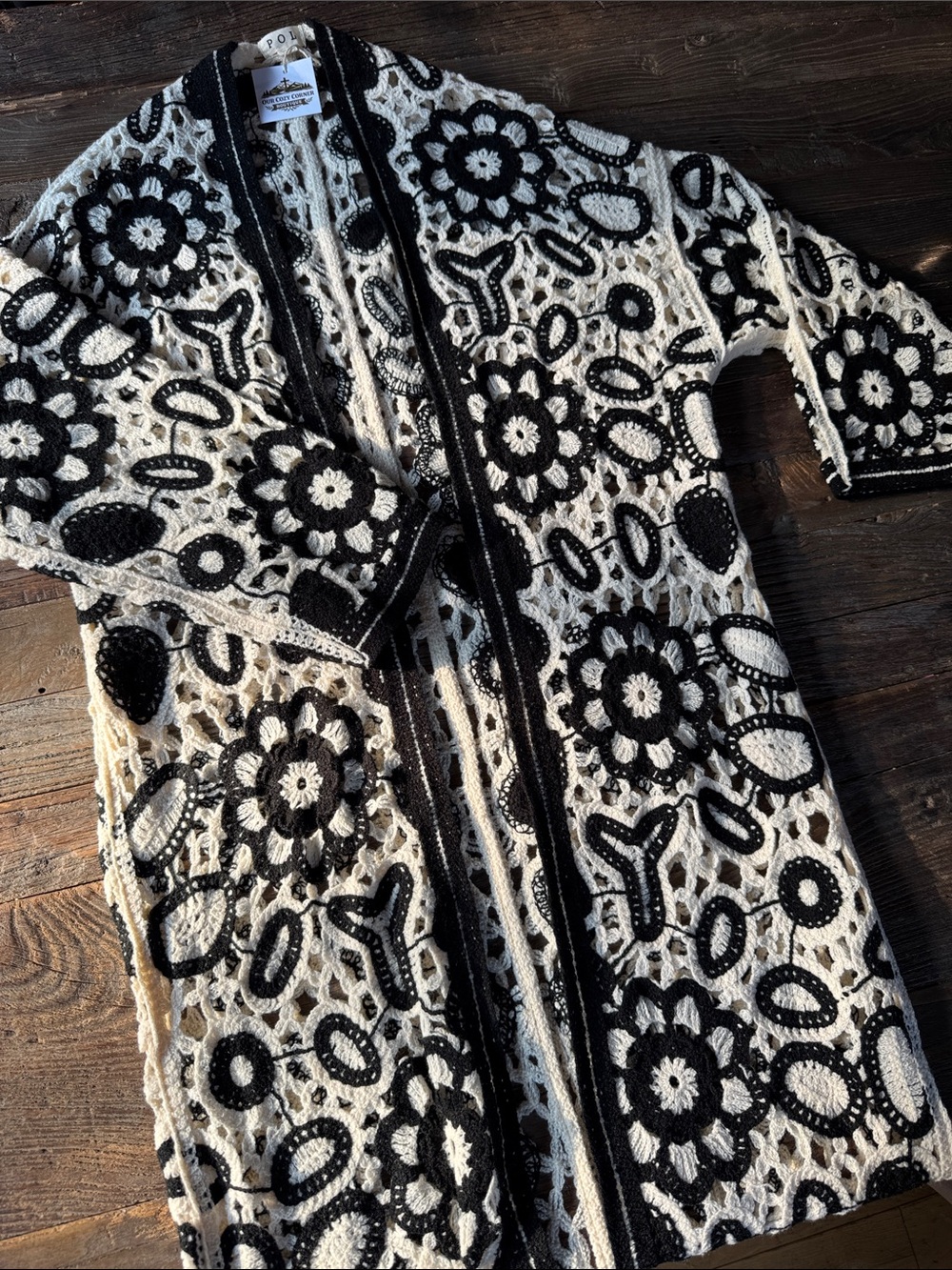 POL onyx edge boho open weave floral cardigan duster NWT OS - Picture 7 of 8